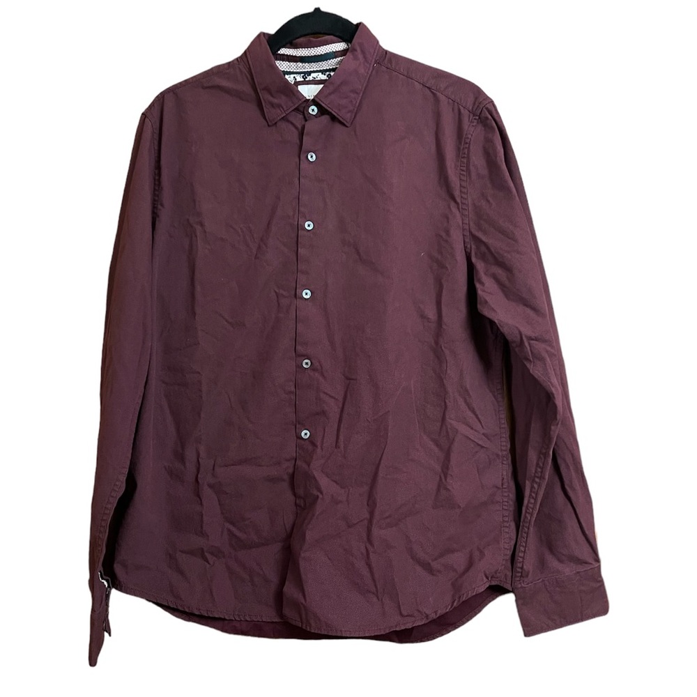Denim & Flower burgundy w/white polka dots men's long sleeve button shirt Size:L